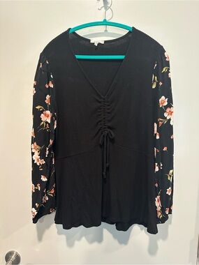 Maurices Black V-Neck Drawstring Top with Floral Sleeves